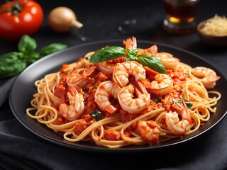 Pasta spaghetti with shrimps and tomato sauce served on plate on dark surface