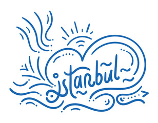hand drawn istanbul word. istanbul, heart, tulip, sun concept. handwriting istanbul word logo