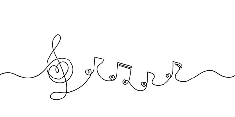 Heart shaped music notes continuous and treble clef one line drawing. Hand drawn doodle sketch minimalism style. Horizontal Music school banner. One black line art. - obrazy, fototapety, plakaty