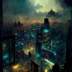 Cyberpunk landscape birds eye view from the top of a building dark night fantasy detail 