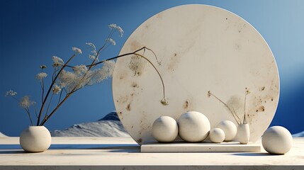 A winter sky holds a sculpture of spheres, perched on a white circle, creating a fluid and wild display of outdoor art