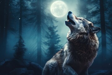 wolf howls at the moon at night in winter