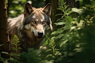 wolf outside in the forest looking at the camera