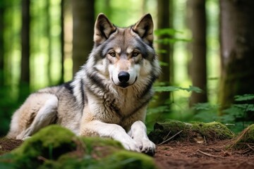 wolf outside in the forest looking at the camera