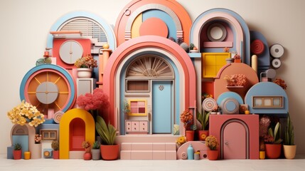 A vibrant wall of a whimsical dollhouse building, bursting with indoor treasures and eclectic decor, evoking a sense of playful nostalgia and artistic flair