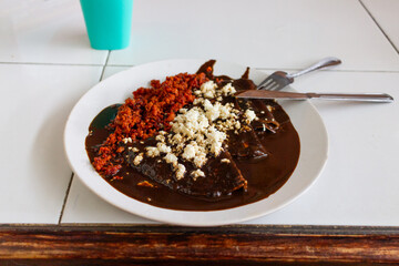 Black mole enchiladas with chorizo and cheese, traditional Mexican food dish in Oaxaca. enmoladas