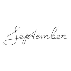 September vector text. Calligraphic lettering. Line continuous calligraphy, graphic design, hand drawn element for print, banner, wall art poster, card, logo, calendar, autumn fall season checklist.