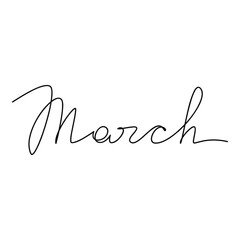 March vector text. Calligraphic lettering. Line continuous calligraphy, graphic design, hand drawn minimal element for print, banner, wall art poster, card, logo, calendar, spring season checklist.