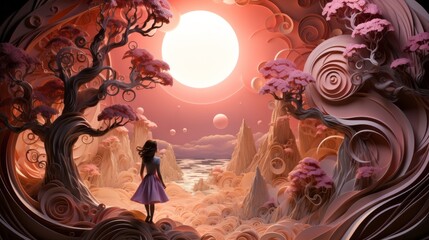 In a dreamy world of vibrant hues, an ethereal woman in a flowing pink dress gazes upon a magnificent moon, surrounded by delicate flowers, evoking a sense of otherworldly beauty