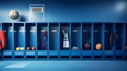 Blue locker room with sports equipment - obrazy, fototapety, plakaty