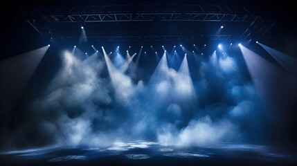 . Dark blue stage with spotlights lights and smoke. Illuminated stage.