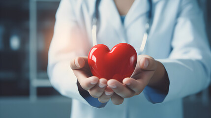 Doctor's hand holding a red heart in a hospital, saving lives concept