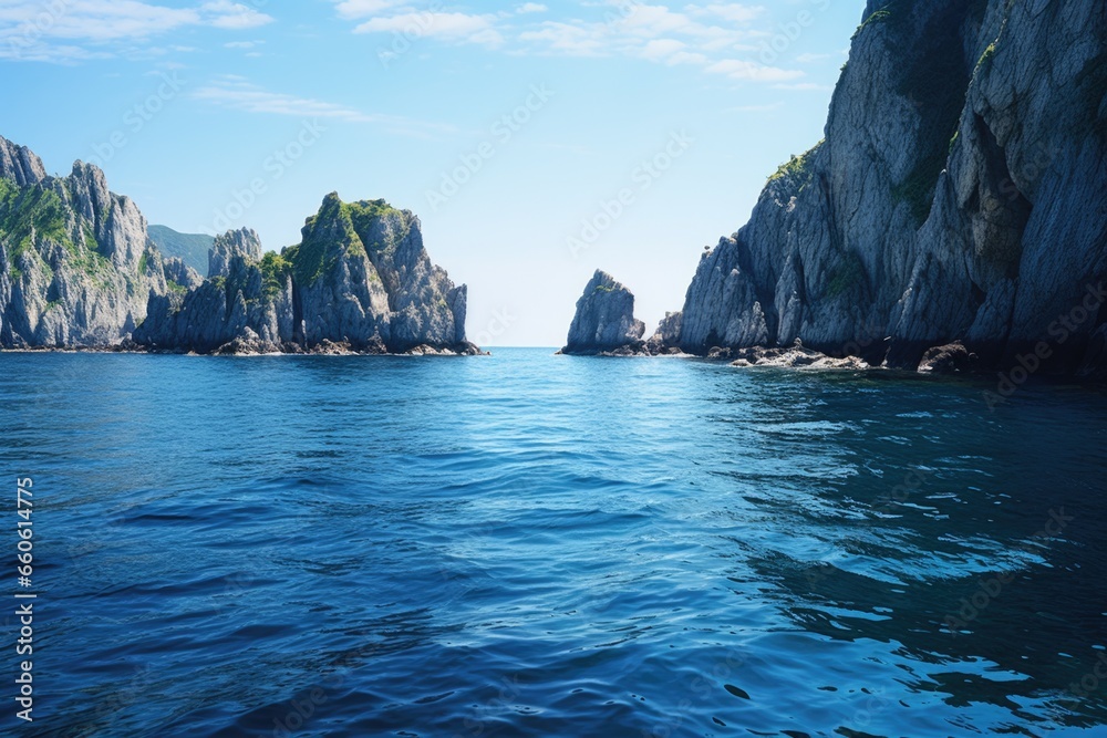 Aufkleber a picture of a body of water with rocks scattered throughout. this image can be used to represent na