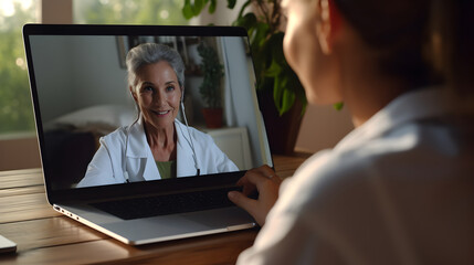 Female doctor therapist consulting elderly senior patient through a virtual video call using laptop computer. Digital online healthcare, distance telemedicine