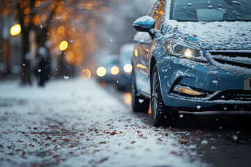 Car in snow. automobile in morning after snowfall - obrazy, fototapety, plakaty