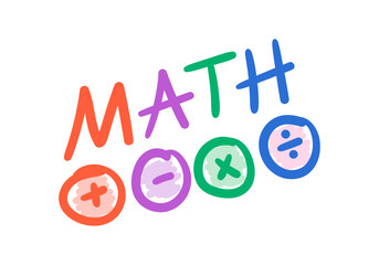 hand drawn math word and symbols for addition, subtraction, multiplication and division. doodle math concept