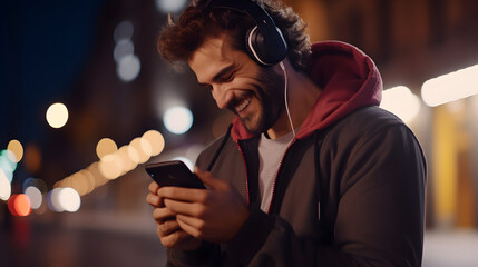 Smiling man holding mobile phone listening music at night outdoors, using smartphone doing chat in app, tech on cellphone, watching streaming tv videos online - obrazy, fototapety, plakaty