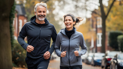 Obraz premium Smiling middle aged couple on a morning run or jogging