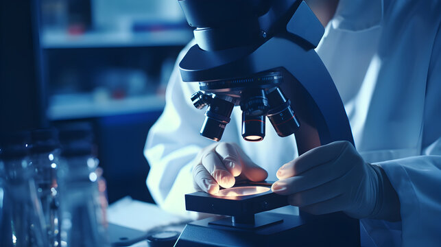 Scientist working with microscope in laboratory close up shot, science research and development