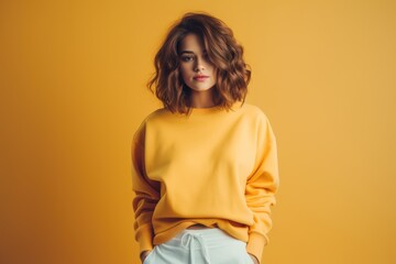 studio photo of a beautiful supermodel, in a simple bright warm sweatshirt and trousers