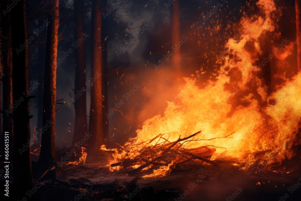 Aufkleber A raging fire in the midst of a dense forest. This image can be used to depict the destructive force of wildfires and the need for fire prevention measures.