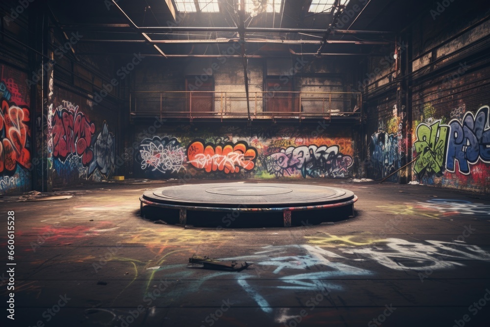 Aufkleber An image of an empty room with graffiti on the walls. This versatile picture can be used to depict urban decay, vandalism, or as a background for creative designs.