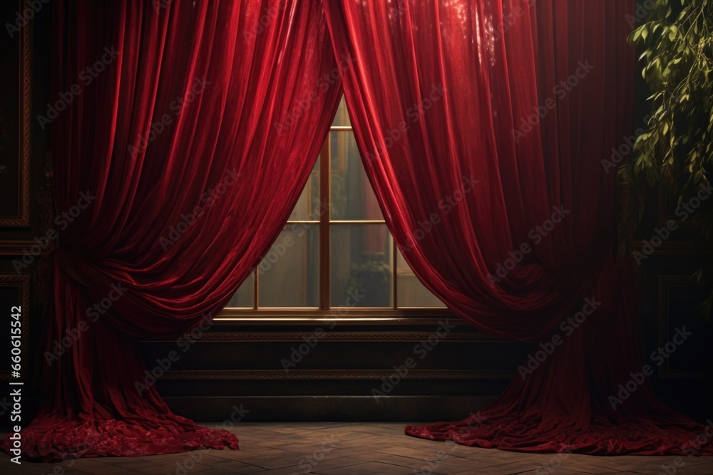 Poster A room with a window and a vibrant red curtain. This image can be used to depict a cozy living space or add a pop of color to any interior design project.