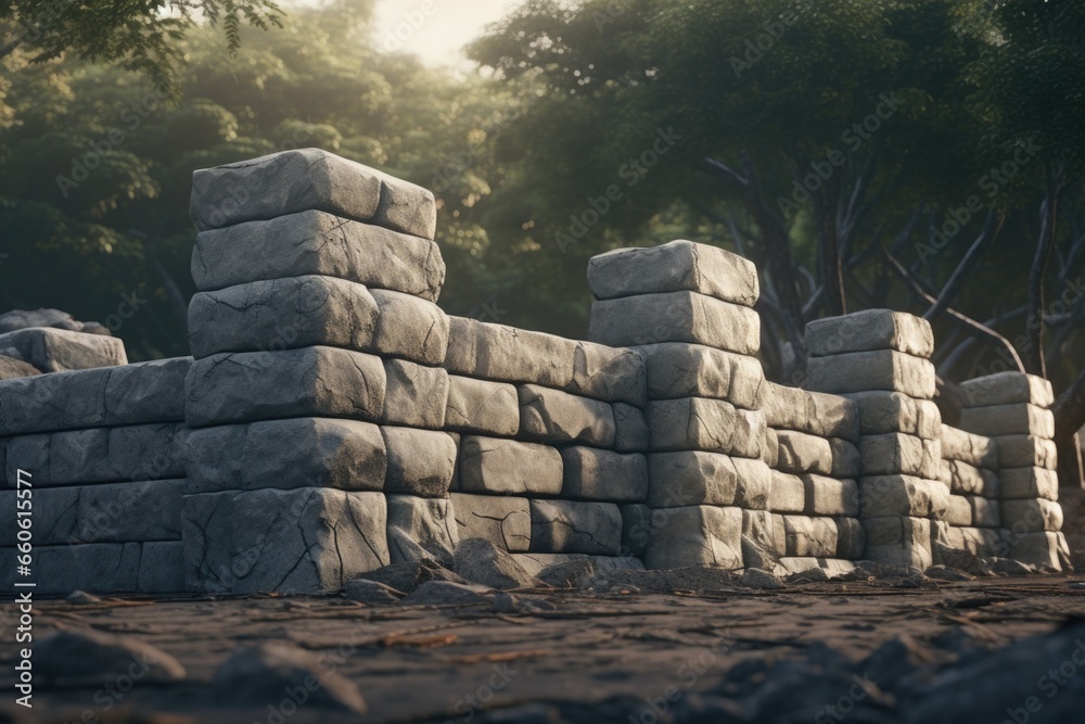 Poster a picture of a stone wall with trees in the background. this image can be used to depict nature, lan