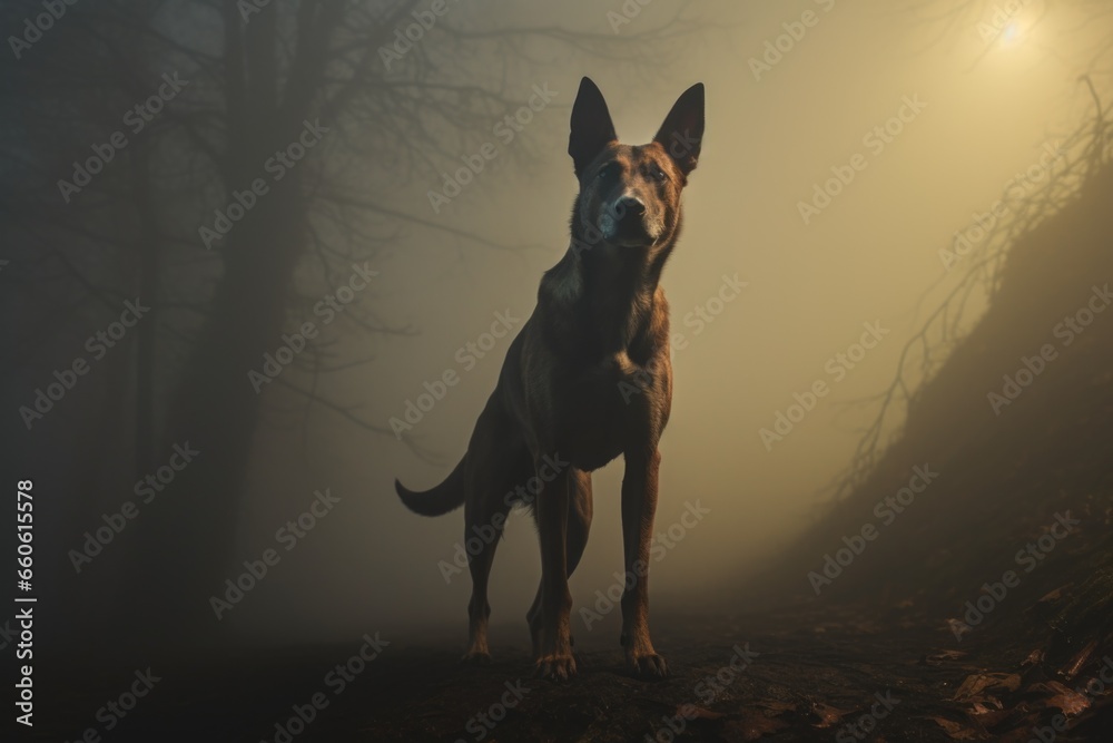 Poster a dog standing in the middle of a foggy forest. suitable for nature-themed projects or mysterious at