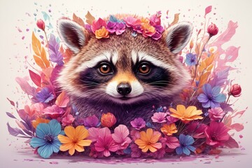 A detailed illustration of a print of a colorful baby raccoon with flowers. ai generative