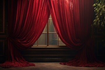 A room with a window and a vibrant red curtain. This image can be used to depict a cozy living...