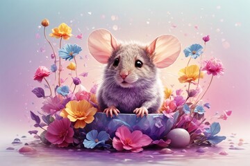 A detailed illustration of a print of a colorful baby mouse with flowers. ai generative