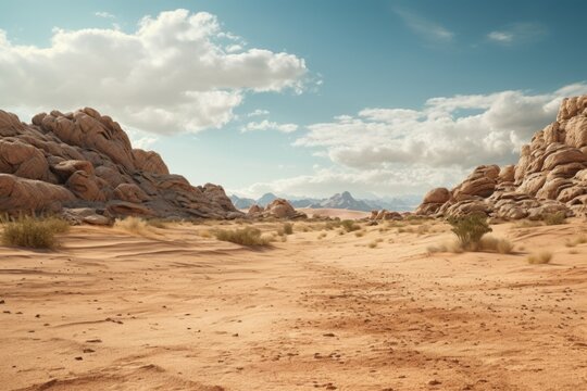 A picture of a dirt road in the middle of a desert. This image can be used to depict travel, adventure, or remote locations.
