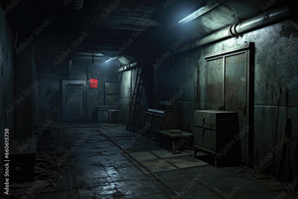 Poster A dimly lit room illuminated by a red light. This image can be used to create a mysterious or intense atmosphere.