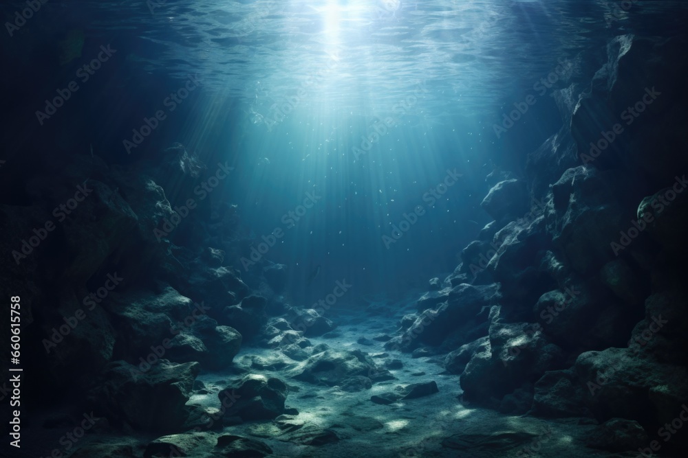 Poster an underwater view of a cave with water and rocks. perfect for nature and adventure themes.