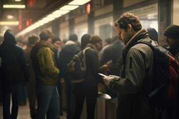 A group of people standing next to each other on a subway platform. This image can be used to depict a busy urban scene or public transportation.
