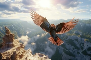 A majestic bird soaring through the sky above a picturesque mountain peak. Perfect for nature and adventure themed projects. - obrazy, fototapety, plakaty