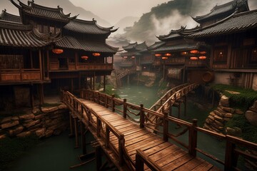 A surreal Chinese village surrounded by water and connected by a beautiful wooden bridge. Generative AI
