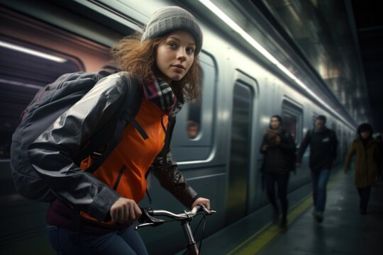 A woman is seen riding a bike next to a train. This image can be used to depict urban transportation or commuting.