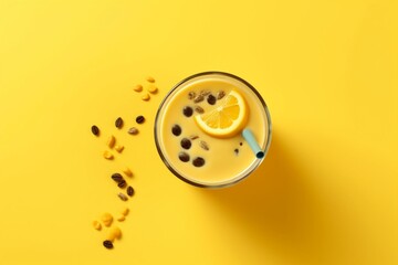 Smoothie in glass on yellow background. Top view. Generative AI