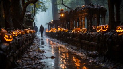 In the moonlit night, a lone figure traverses the outdoor path, framed by towering trees and illuminated by the soft glow of streetlights, passing by a wall adorned with vibrant pumpkins