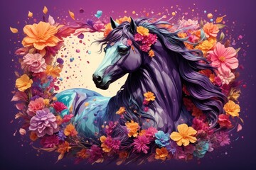 Obraz na płótnie Canvas A detailed illustration of a print of a black horse with flowers. ai generative