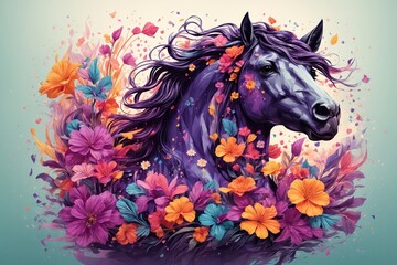 A detailed illustration of a print of a black horse with flowers. ai generative