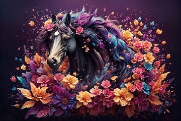 Obraz na płótnie Canvas A detailed illustration of a print of a black horse with flowers. ai generative