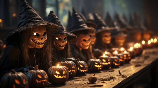 As the flickering candle cast an eerie glow, a mysterious group of masked and pumpkin-hatted figures gathered, ready to embrace the wild and wicked spirit of halloween