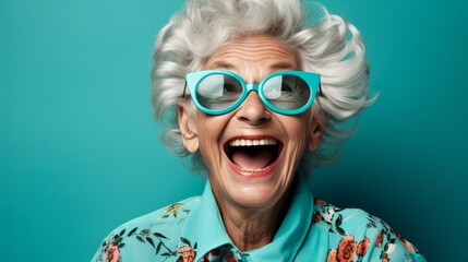 Happy Elderly Grandmother Smiling in Glasses Against Vibrant Blue Background - Joyful Senior Woman Portrait