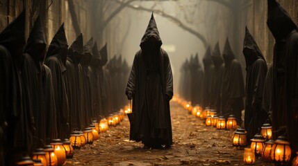 As the candle flickered, the hooded figure made their way through the outdoor path, the soft glow of the lanterns casting a haunting light on the darkened ground of the night - Powered by Adobe