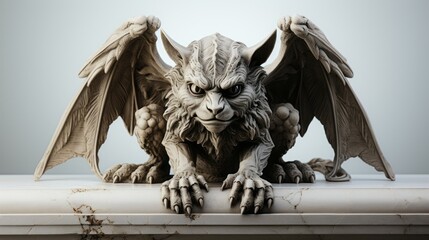 Fototapeta premium Perched atop the sky, a fierce gargoyle statue stands guard over the outdoor realm, its animal-like features embodying both strength and grace as it watches over the birds that soar below