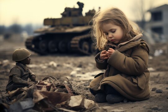 a child standsn front of the ruins. war ruins. generative ai