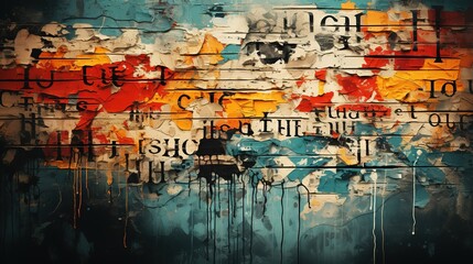 Generative AI, random collage of paper pieces and words, painted wall, street graffiti grunge style